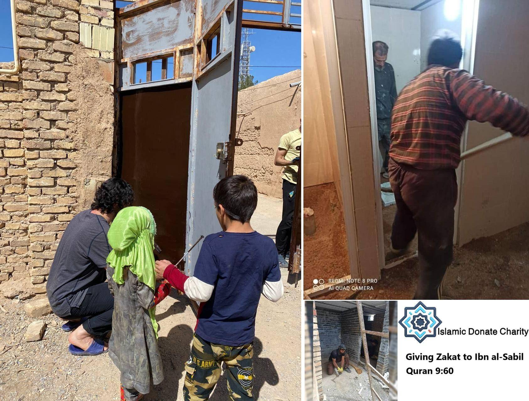 Crypto zakat donation helping rebuild homes for refugees with BTC, showing people working and a child near damaged structures.