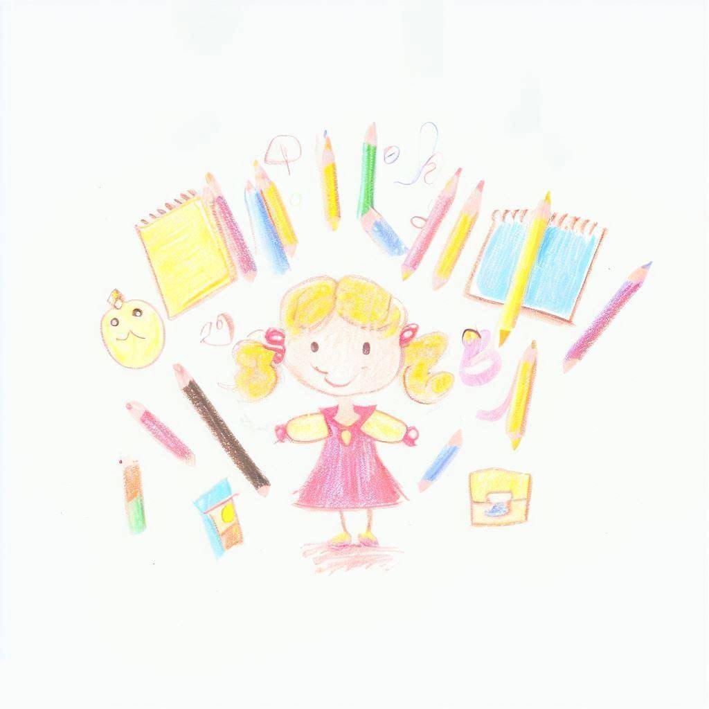 Child artist surrounded by art supplies including colored pencils and notebooks, smiling. Donation to children's art programs facilitated by XRP.