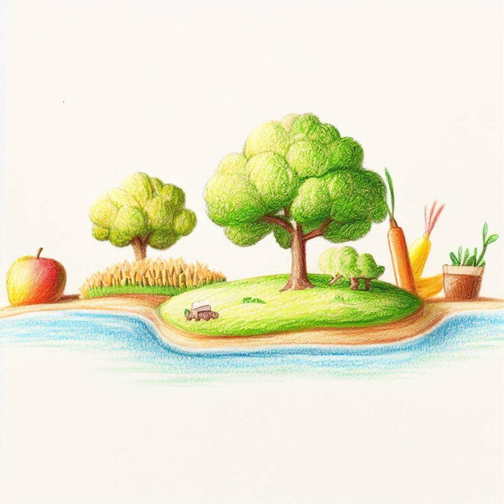 A lush green island with trees, a small tractor, an apple, and vegetables. This portrays organic growth, possibly utilizing crypto for charitable donations via ETH.