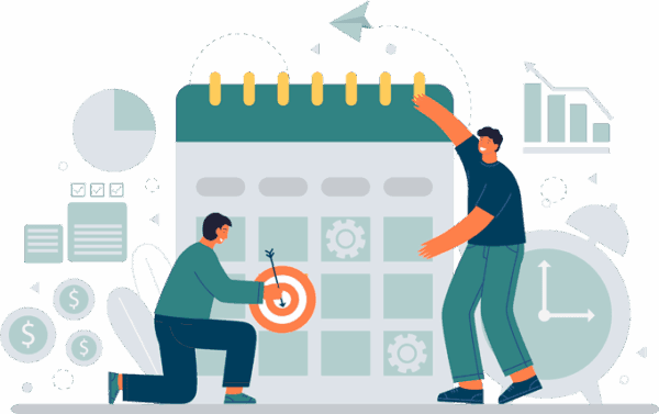 Two people strategizing to hit targets on a calendar, with charts and coins suggesting financial planning and crypto-enabled donations, possibly via USDT.