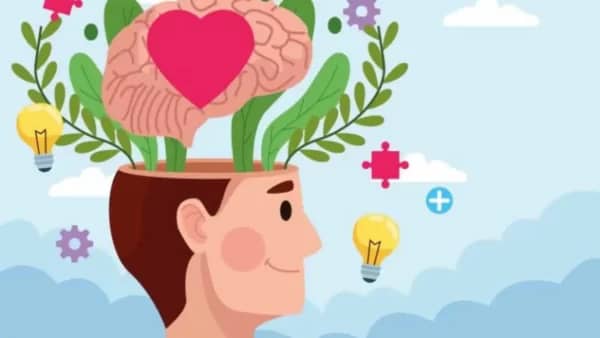 Illustration of a person's head with a brain and heart growing inside, symbolizing mental health and emotional support. Lightbulbs represent ideas and growth. Supported by crypto, using Solana (SOL).