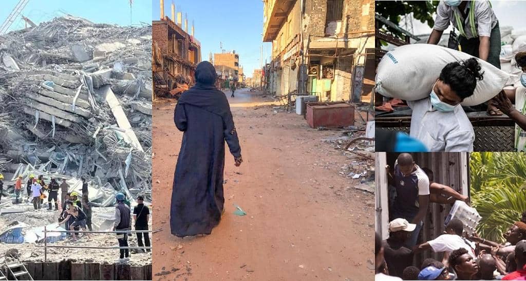 Disaster relief efforts and aftermath with debris, a person walking through a destroyed street, and aid delivery, supported by XRP.