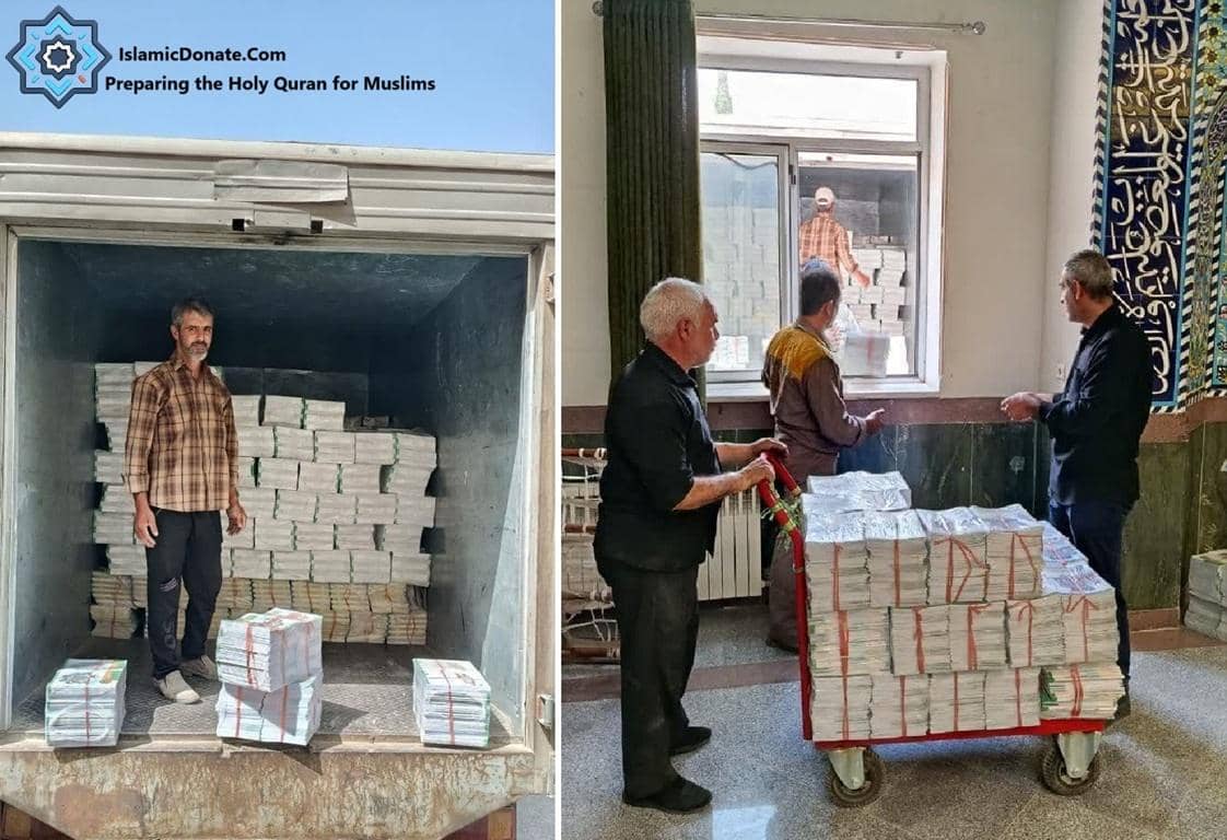 Men unloading and preparing stacks of Qurans for distribution using cryptocurrency donations. Sadaqah Jariyah, Islamic charity, guidance for Muslims, Holy Quran.