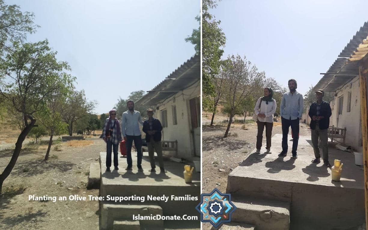 Group of people standing outside a simple building surrounded by trees, with text "Planting an Olive Tree: Supporting Needy Families" and "IslamicDonate.Com" visible. Crypto donations like USDT support these projects.