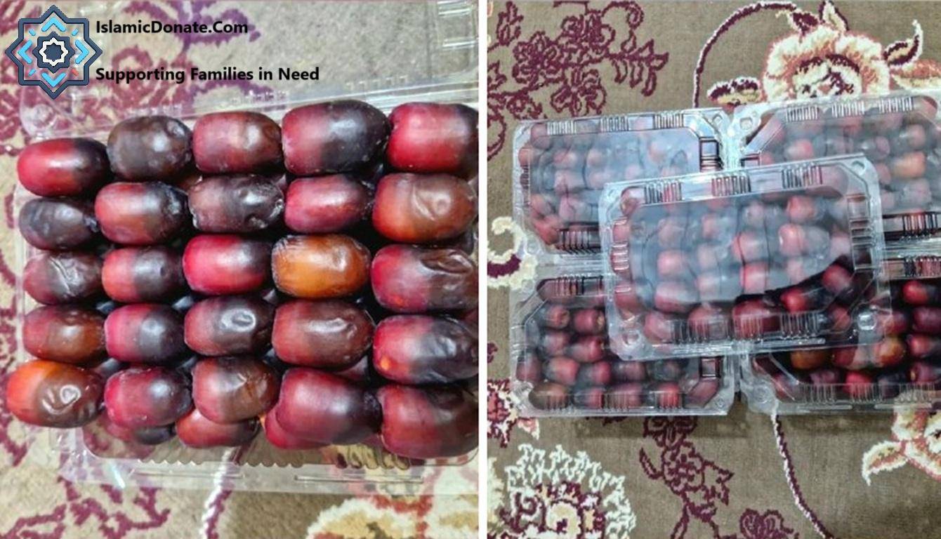 Date fruits in clear plastic containers, ready for distribution to families in need, supported by cryptocurrency donations like ETH.