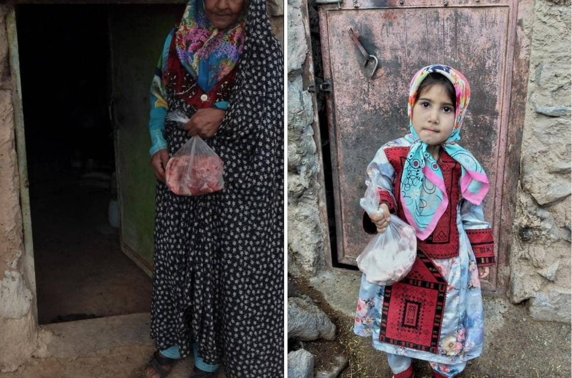 Elderly woman and child holding bags of meat for distribution, embodying compassion and community support through Qurbani donations with crypto, potentially via BNB.