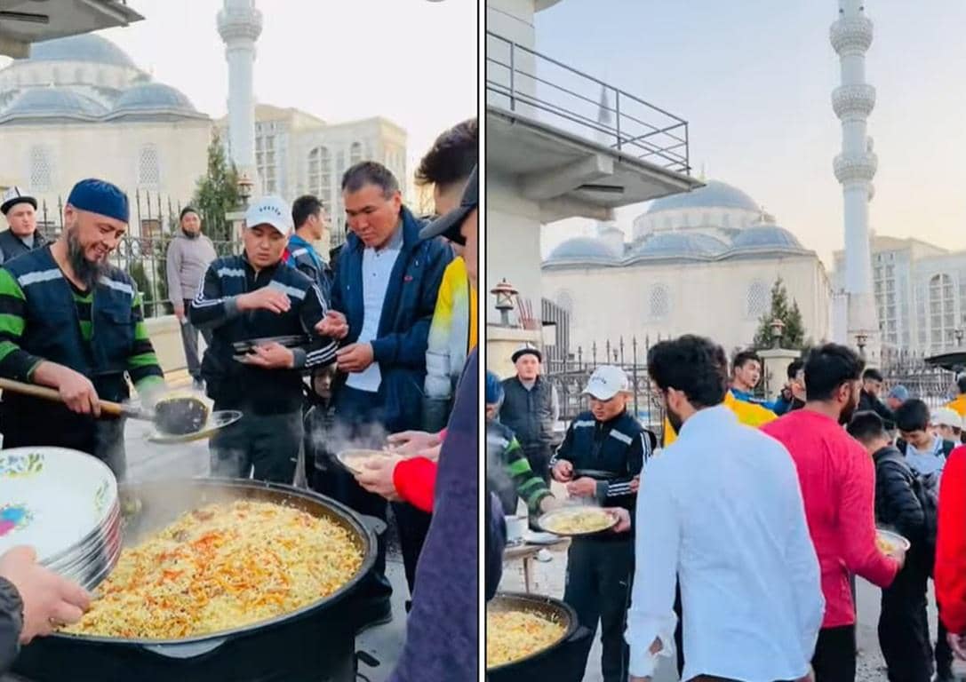 Men serving large pots of rice food to a crowd outside a mosque, with donations supported by Stablecoin.