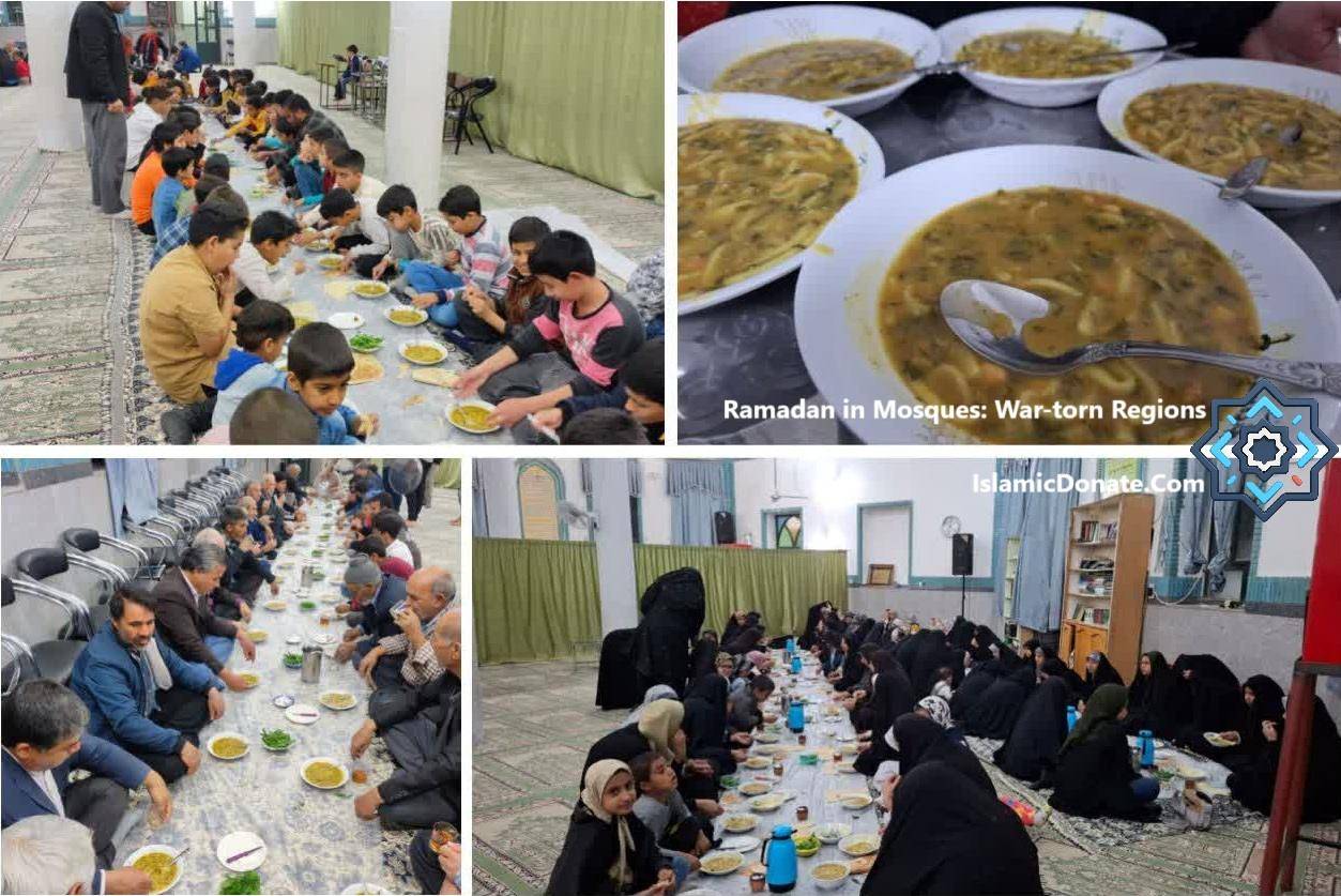 Zakat Al-Fitr recipients, including children and adults, share communal meals in mosques during Ramadan, with aid facilitated by Solana cryptocurrency donations to ensure dignified Eid celebrations for the poor.