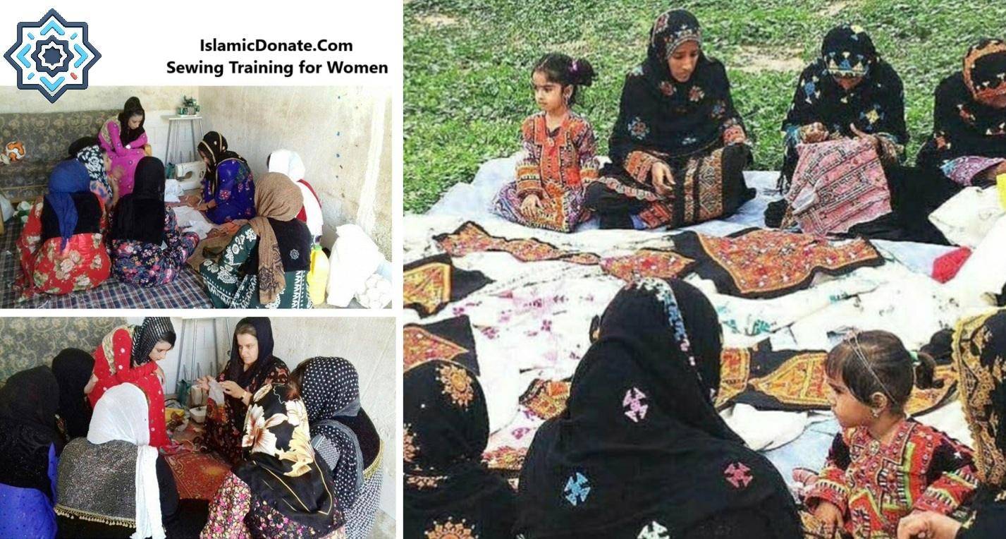 Women learning sewing skills for economic independence, supported by crypto donations like ETH for charitable aid and empowerment.