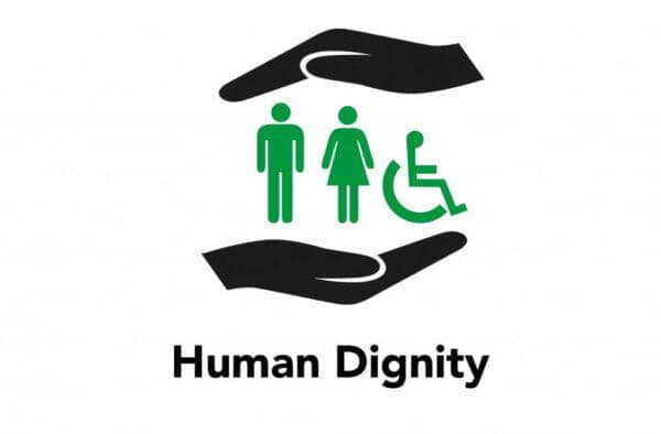 Depicting care and support for human dignity including representation of men, women, and individuals with disabilities, with potential crypto support via USDT.