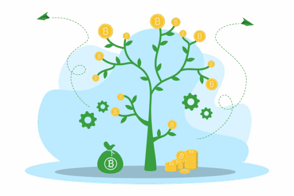 Economic empowerment in Islam, represented by a growing tree with Bitcoin symbols as fruits, symbolizing wealth distribution via crypto donations with ETH. Includes a money bag and rising coin stacks, with gears indicating process and development.