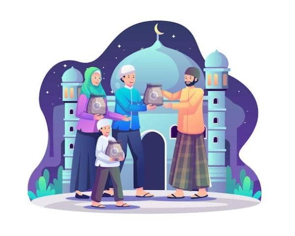 Family donating goods in front of a mosque, supported by ETH crypto donations for Muslim relief.