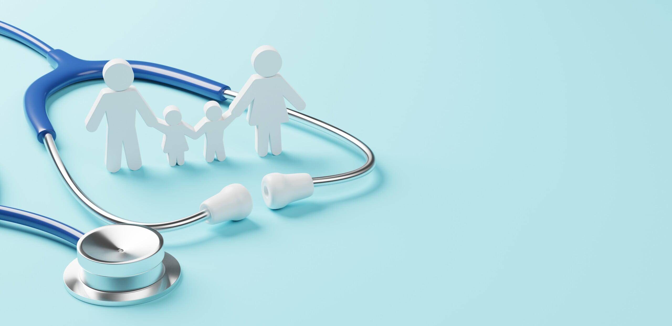 A stethoscope encircles a stylized family of four, symbolizing healthcare and hygiene promotion for well-being. Your donation supports this initiative via crypto, processed through ETH.
