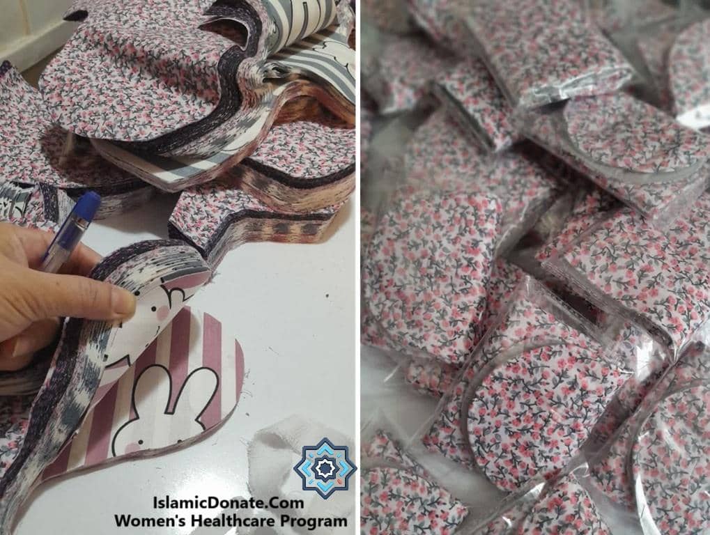 Cutting fabric for reusable sanitary pads, a Women's Healthcare Program initiative supported by crypto donations with USDT.