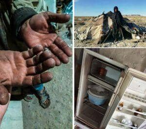 Hands stained with dirt, a woman in traditional clothing outside a makeshift tent, and an empty refrigerator, symbolizing hardship and the need for aid supported by ETH donations.