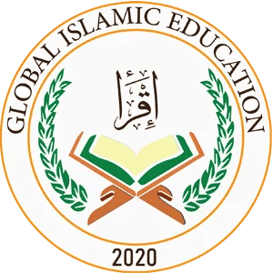 Logo for Global Islamic Education, featuring an open book on a stand with Arabic script above, surrounded by laurel branches. The text around the circle reads "GLOBAL ISLAMIC EDUCATION" and "2020."