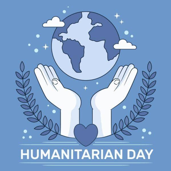 Humanitarian Day logo with hands holding the Earth, surrounded by laurel branches and a heart at the bottom, symbolizing global aid and support, with donations processed via SOL.