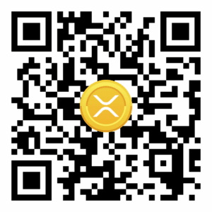 A QR code with a gold coin featuring the Ripple (XRP) logo overlaid. This indicates a crypto donation option, facilitating secure and anonymous giving via XRP.