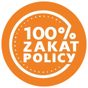 100% Zakat Policy logo, ensuring all donations reach beneficiaries, supported by ETH crypto for your zakat donation.