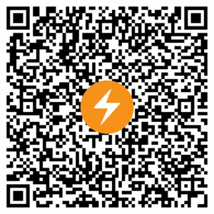 A QR code with an orange circle containing a white lightning bolt logo, signifying fast crypto donations. Supports BTC for Zakat and Sadaqah.