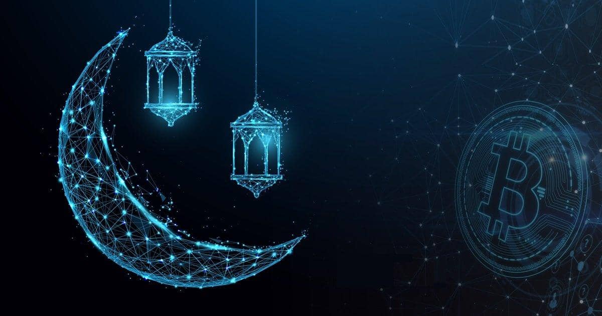 Digital crescent moon and lanterns with a Bitcoin logo, symbolizing Zakat on crypto donations, potentially funding aid with SOL.