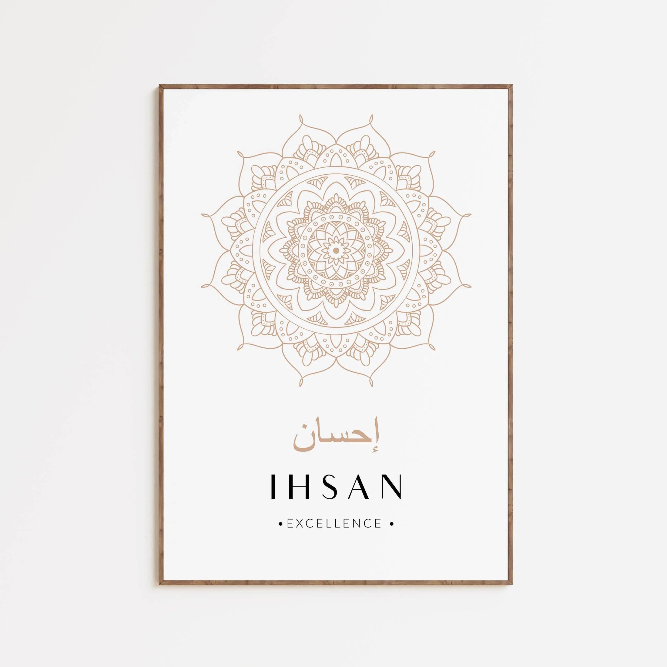 Ihsan Excellence calligraphy and mandala art with crypto donation details. Donations supported by SOL.