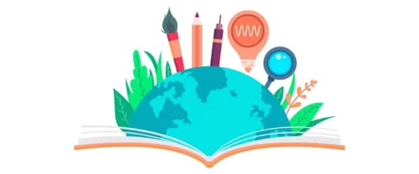 International Literacy Day with globe, book, art supplies, and magnifying glass implying crypto via XRP donation for sustainable societies.