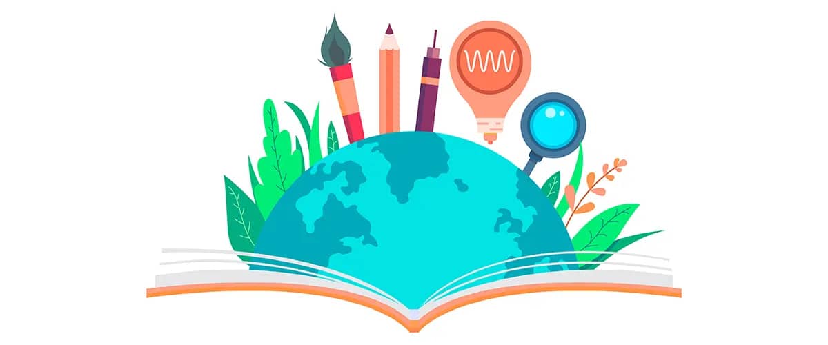 International Literacy Day with globe, book, art supplies, and magnifying glass implying crypto via XRP donation for sustainable societies.