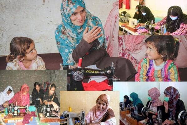 Montage of women and girls learning and practicing sewing skills in workshops, highlighting zakat-funded education and empowerment, supported by crypto donations via ETH.