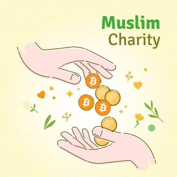 Two hands exchanging Bitcoin coins, symbolizing crypto donations to Muslim charities for causes like water security and disaster relief, with ETH integration for impact.