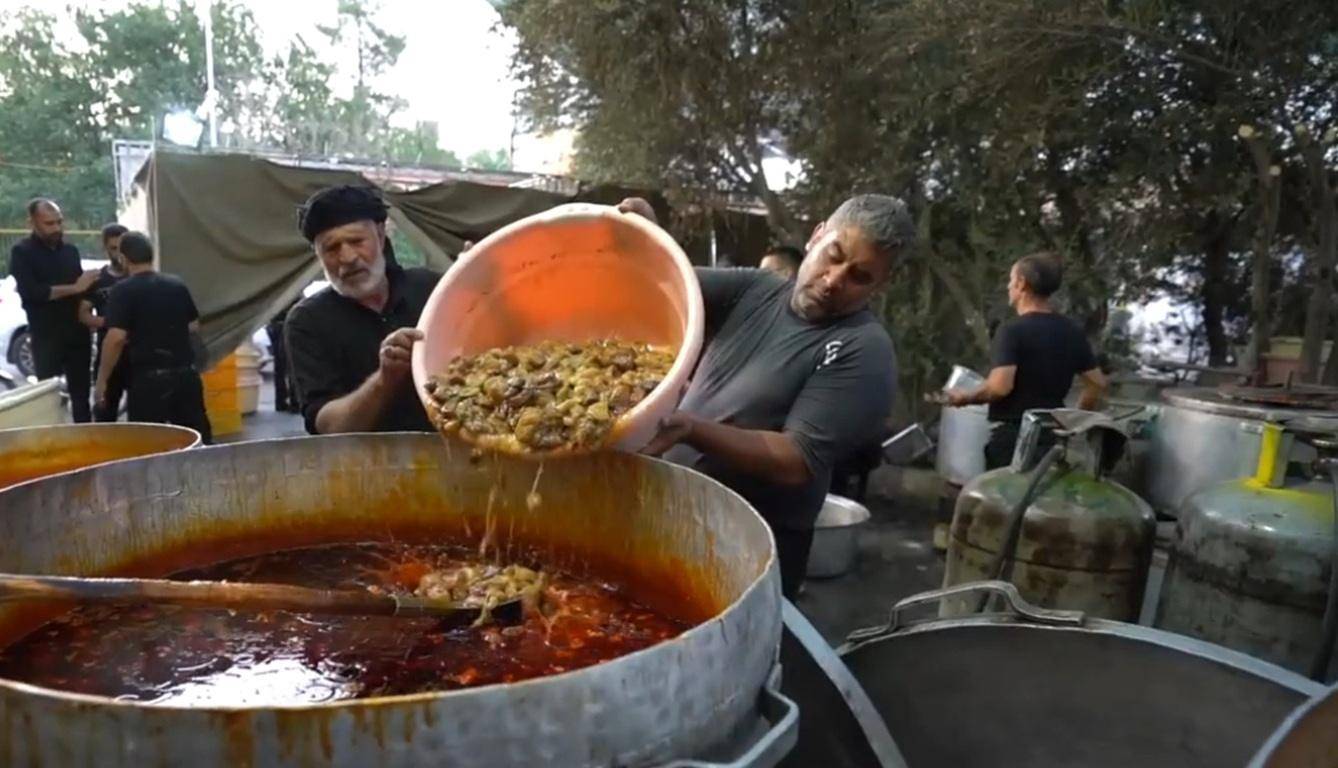 Two Muslim men preparing a large meal, one pouring chunky ingredients into a massive pot of stew. This scene depicts a charitable food distribution, possibly with crypto donations like Bitcoin enabling aid. Keywords: Zakat, Islamic charity, crypto assets, Muslim community, aid.