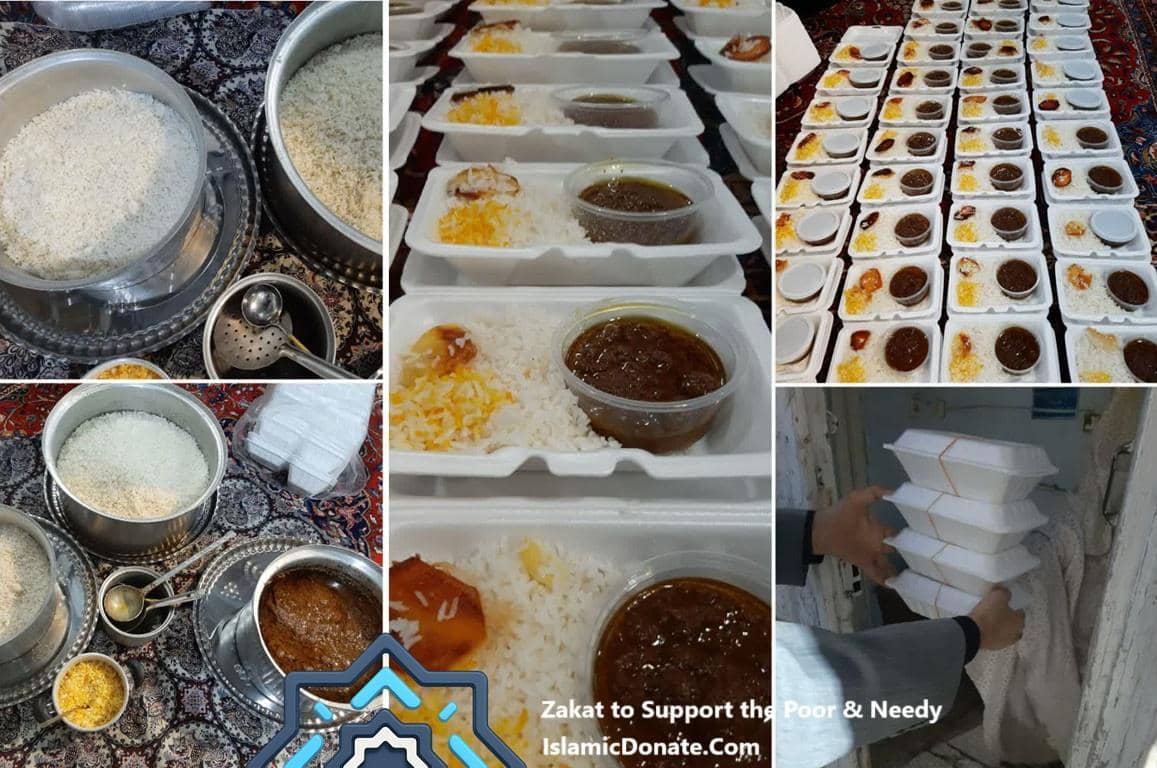 Zakat donations of rice meals are prepared and packaged for distribution to the needy, with ETH crypto donations supporting this vital giving.