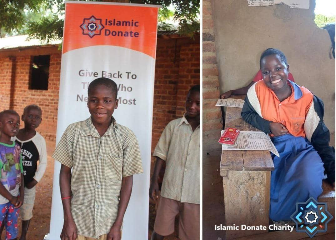 Children standing by an Islamic Donate banner, with a girl smiling at a desk, symbolizing crypto Zakat donations helping needy children with education and basic needs, potentially with USDT.