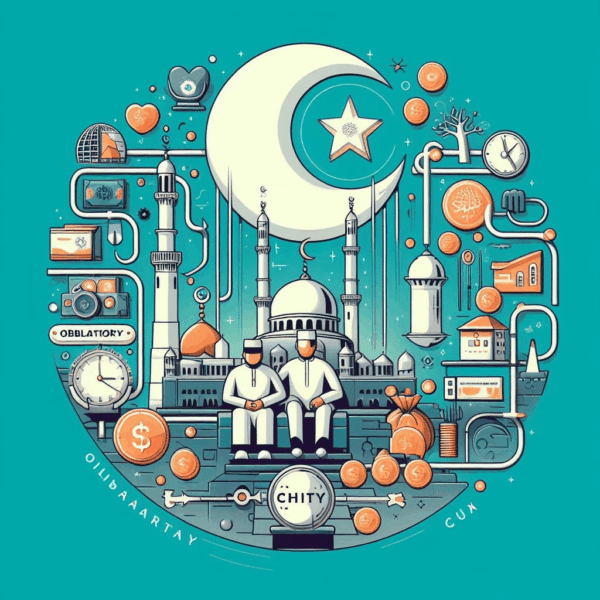 Symbolic illustration of an Islamic charity's legal framework featuring a mosque, crescent moon, and icons representing donations, transparency, and global reach, with crypto aid implied via SOL. Legal compliance, Zakat eligibility, and Riba-free operations are key aspects.