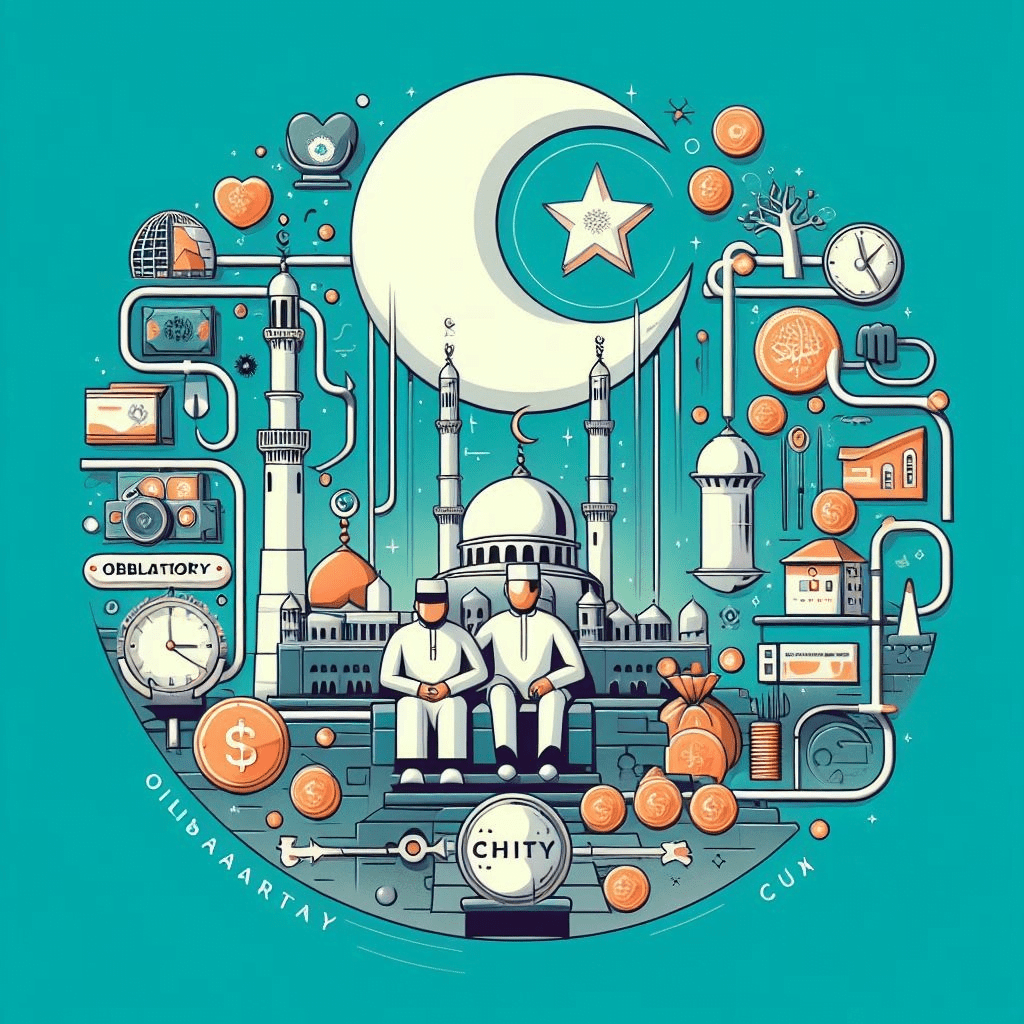Symbolic illustration of an Islamic charity's legal framework featuring a mosque, crescent moon, and icons representing donations, transparency, and global reach, with crypto aid implied via SOL. Legal compliance, Zakat eligibility, and Riba-free operations are key aspects.