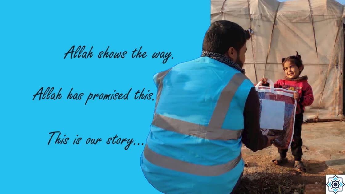 A volunteer in a blue vest hands a package to a smiling young girl in front of tents, symbolizing aid driven by Islamic charity and crypto donations via XRP.