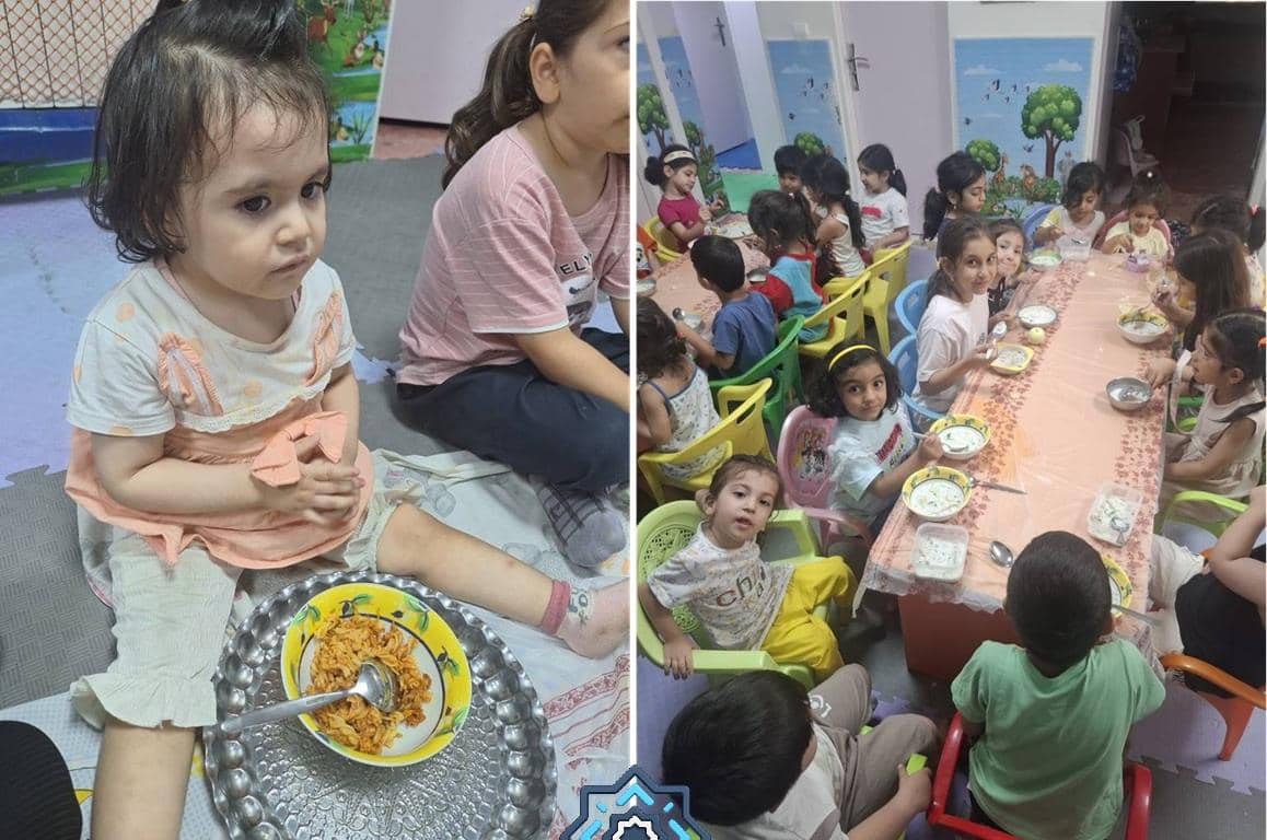 Children sitting at a table eating, served by IslamicDonate. Crypto donations fund joy and nourishment, benefiting orphans and the needy with meals like Nihari, Nyama Choma, and Miyan Kuka. Supported by ETH.
