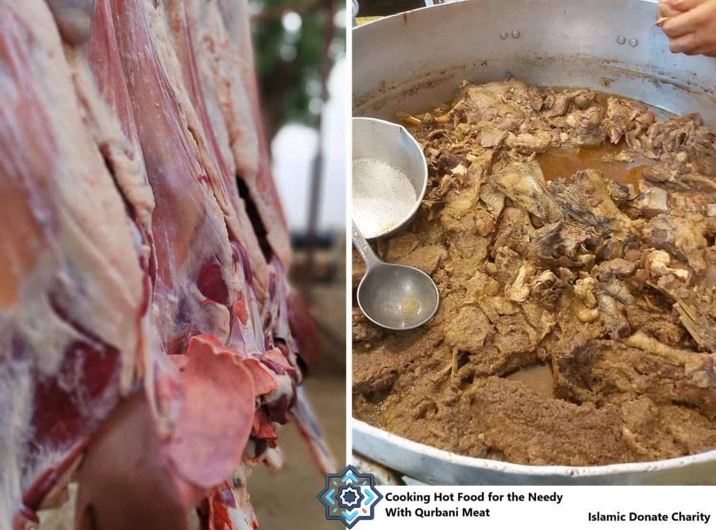Aqiqah Qurbani meat displayed and being cooked into hot food for the needy, a tradition of gratitude for newborns, facilitated by cryptocurrency donations like BTC.