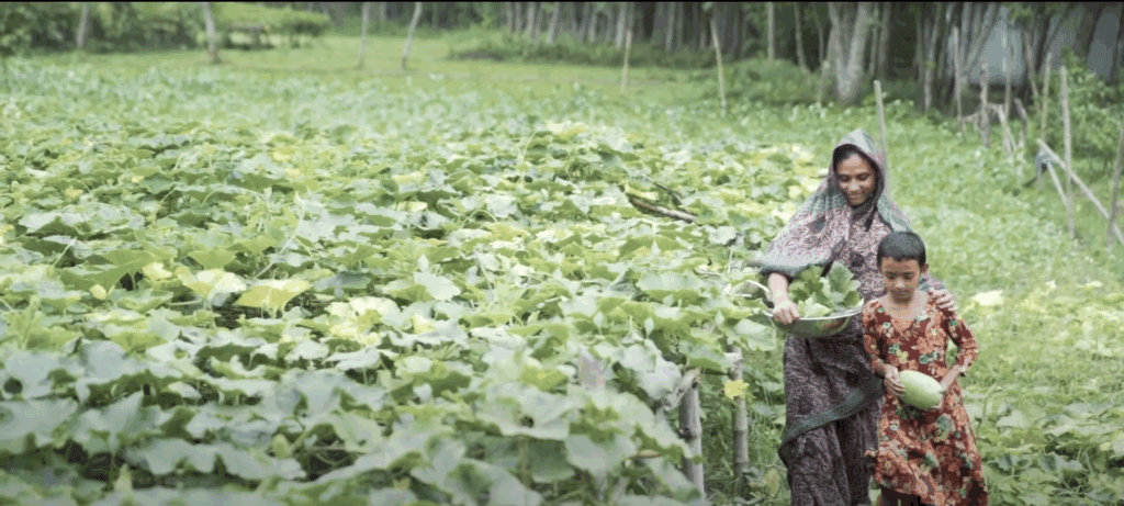 A woman and child harvesting crops in a flourishing field, symbolizing empowerment and family success supported by crypto donations like ETH.