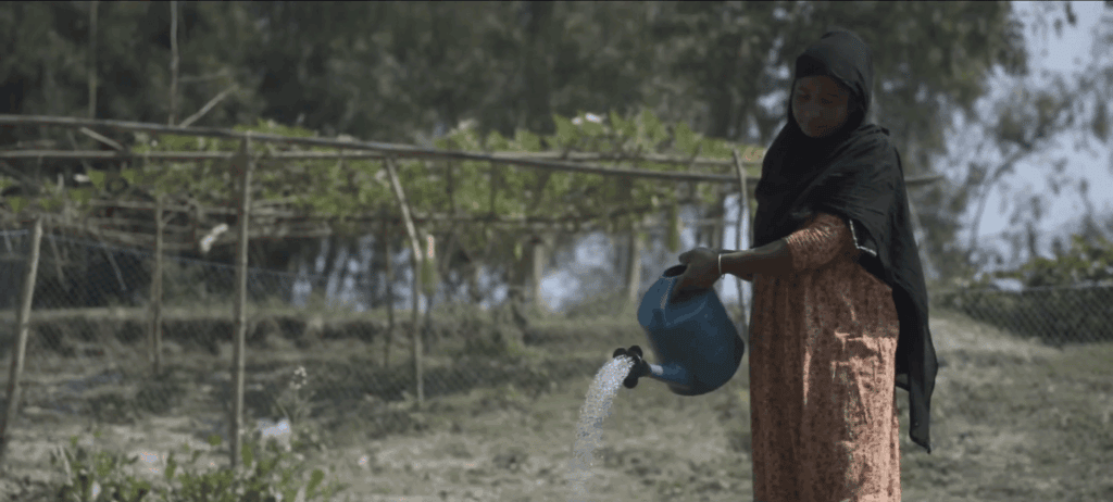 Aisha, empowered by crypto donations for water access, waters flourishing crops in Bangladesh.