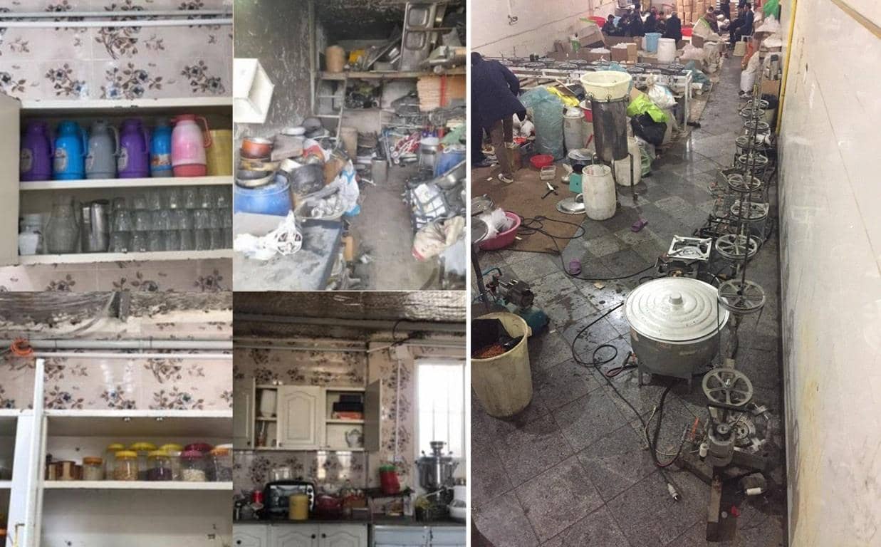 Multiple scenes show kitchenware and supplies for aid distribution in Palestine, including a chaotic storage area and a large-scale cooking setup, with aid potentially supported by BTC donations.