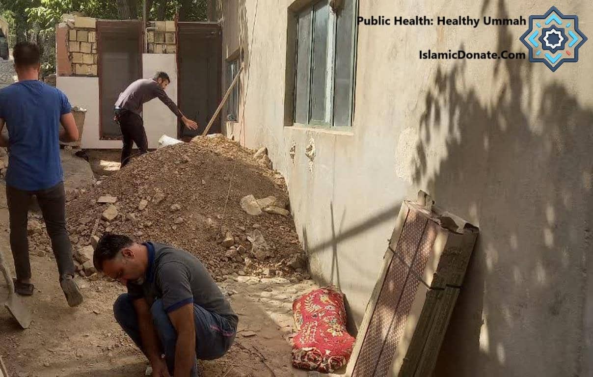 Men working on construction and sanitation projects, likely building public restrooms and improving living conditions in a Palestinian refugee camp. The scene depicts humanitarian aid and relief efforts, with a focus on water crisis and hygiene initiatives. Donate crypto for Palestine. Your donation directly funds aid.