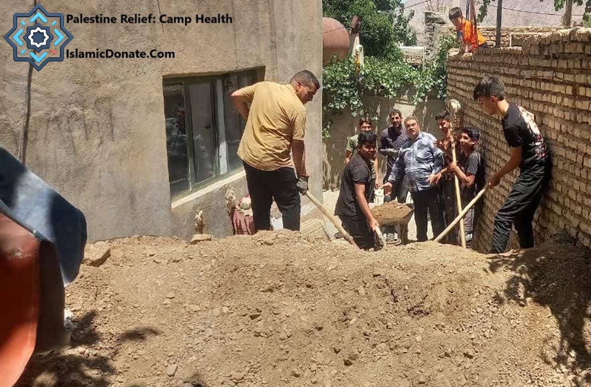 People digging and moving dirt to build sanitation facilities, highlighting Palestine relief efforts for camp health and humanitarian aid.