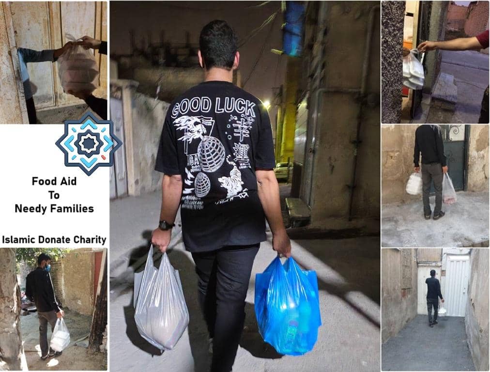 Person delivering food aid to needy families, with donations handled via SOL.