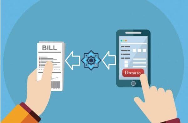 Paying bills with crypto donations is visualized with a hand holding a bill and another hand tapping "Donate" on a smartphone, bridged by a digital transaction icon. This philanthropic giving uses ETH to bridge the digital divide and empower lives.
