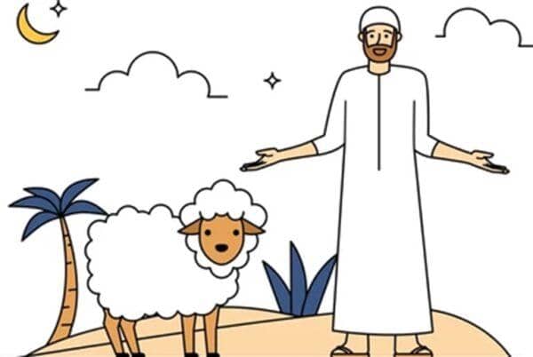 A man in traditional Islamic clothing stands with a sheep under a crescent moon and star, symbolizing Udhiyah and Qurbani. Donations can be made via ETH.