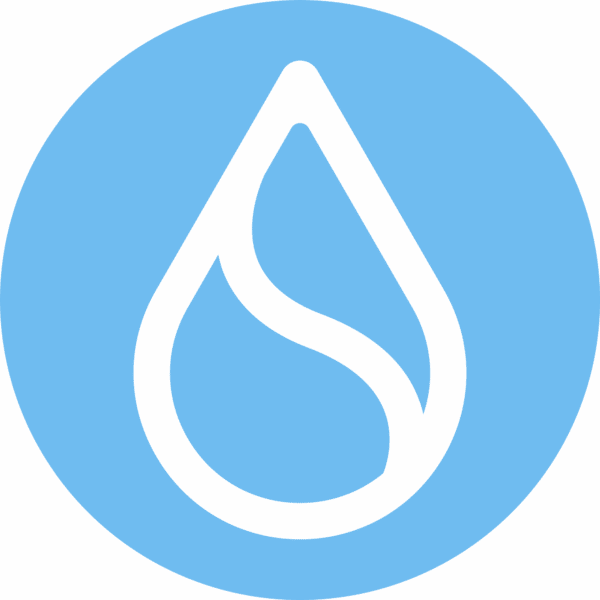 Logo for IslamicDonate.Com, a charity organization using crypto donations, featuring a white droplet-like design on a blue circle background, symbolizing aid processed via USDT.