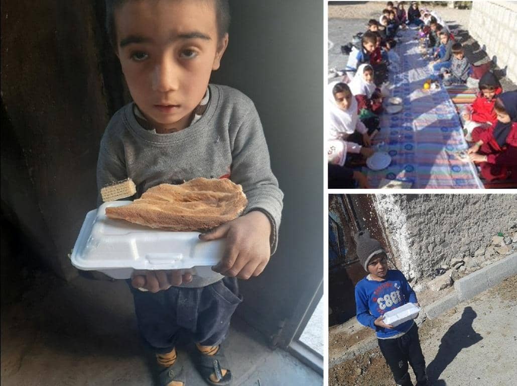 Young boy holds a food tray with bread and wafers, symbolizing Kaffarah for breaking Ramadan fast. Crypto donations fund feeding 60 people in need with ETH.