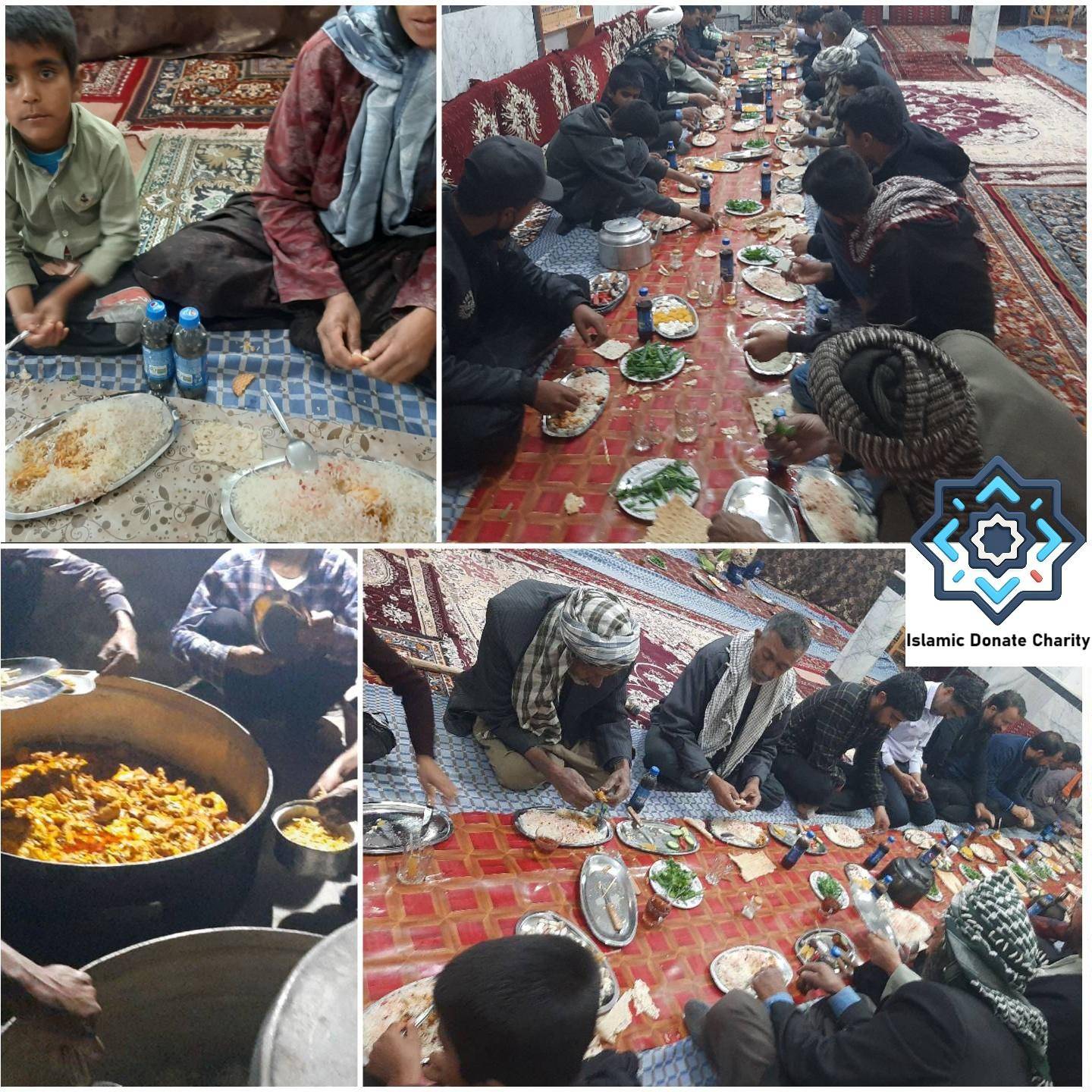 People sharing a communal meal, preparing for Kaffarah by paying with Bitcoin for Islamic aid to the needy.