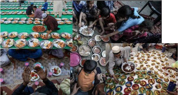 People distributing food plates to children and adults in need, highlighting Kaffarah for breaking Ramadan fast, facilitated by crypto donations like ETH.